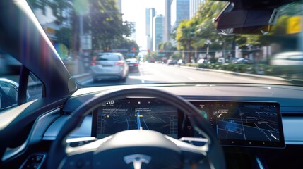 Modern electric car driving through city center with navigation system on dashboard