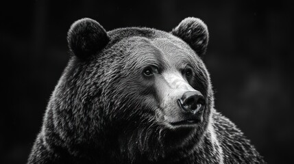 Close-up portrait of a majestic brown bear in black and white.