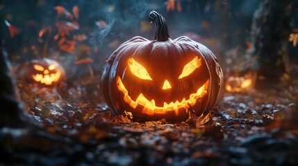 Fototapeta premium A close-up of a glowing jack-o-lantern with a menacing grin, surrounded by other pumpkins in a foggy forest.