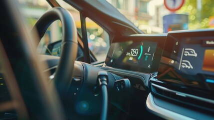 Modern electric car interior with digital dashboard showing range and charging station nearby