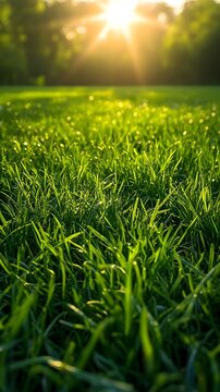 Close-up shot of a lush green lawn with the sun shining brightly in the background.