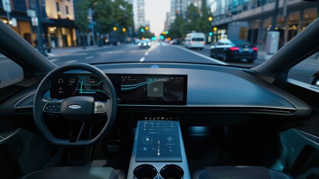 Modern electric car driving through city center showing heads-up display - Powered by Adobe