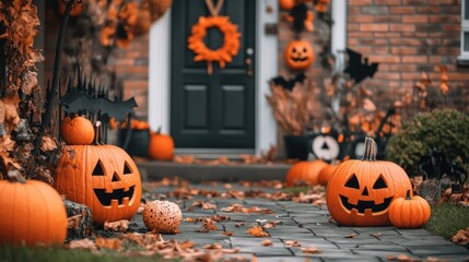 A brick house decorated for Halloween with pumpkins, a wreath, and bats on the front porch.