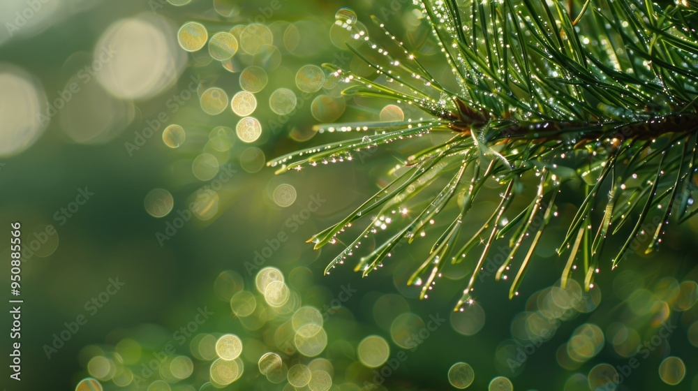 Poster a close-up shot of a pine tree with water droplets glistening on its needles