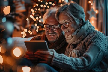 Fototapeta premium A pair of people sitting on a couch, gazing at a tablet together
