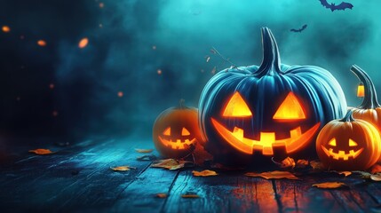 Naklejka premium Three glowing jack-o'-lanterns with carved faces on a dark wooden surface with a spooky background.