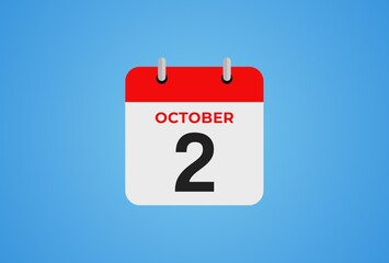 Icon calendar day. 2 October. 2th days of the month, illustration style. Date day of week Sunday, Monday, Tuesday, Wednesday, Thursday, Friday, Saturday. 