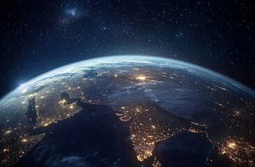 Obraz premium Realistic Image of Earth from Space with City Lights Illuminating Urban Areas, Symbolizing Hope, Unity, and the Future of an Advanced Civilization Against the Backdrop of a Starry Night Sky