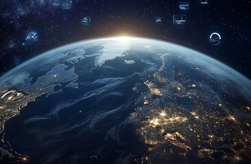 Obraz premium Realistic Image of Earth from Space with City Lights Illuminating Urban Areas, Symbolizing Hope, Unity, and the Future of an Advanced Civilization Against the Backdrop of a Starry Night Sky