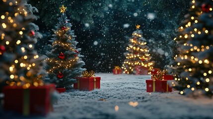 A snowy forest scene with Christmas trees decorated with lights and ornaments. Presents are wrapped in red paper and placed at the base of each tree.
