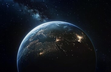 Realistic Image of Earth from Space with City Lights Illuminating Urban Areas, Symbolizing Hope, Unity, and the Future of an Advanced Civilization Against the Backdrop of a Starry Night Sky