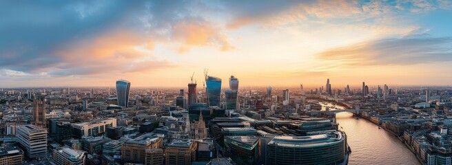Obraz premium Panoramic View of London Skyline at Golden Hour with Modern Skyscrapers and High-Rise Buildings, Capturing the Cinematic Urban Landscape of the City Center