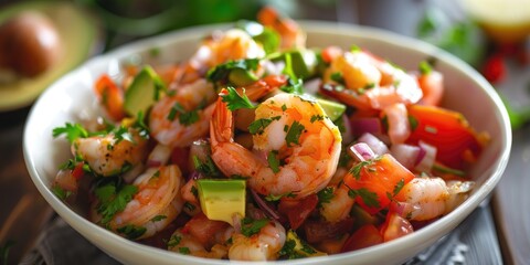 Mexican Shrimp Cocktail Salad Chilled Appetizer with Shrimp Tomato Avocado Red Onion and Cilantro in a White Bowl