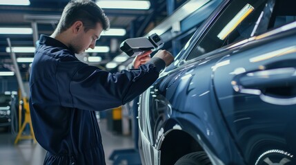 Mechanic using a digital tablet computer in a modern car service