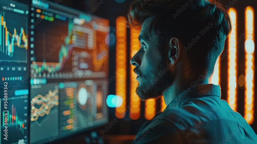 Poster A person studying or working on a computer screen with focus and concentration