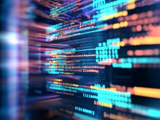 High-Resolution Abstract Background with Blurred Computer Code and Programming Language, Featuring Colorful Data Lines and Unobstructed Space for Text or Product Presentation