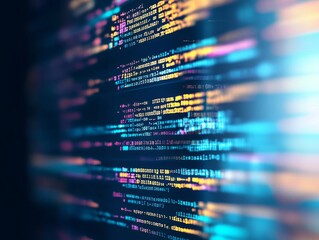 High-Resolution Abstract Background with Blurred Computer Code and Programming Language, Featuring Colorful Data Lines and Unobstructed Space for Text or Product Presentation