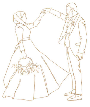 Muslim wedding couple vector outline in gold color. 
Bride with flowers and hijab in wedding dress and groom in suit. Design for wedding invitations, greeting cards, web designs.