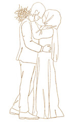 Muslim wedding couple vector outline in golden color. Continuous line of the Bride with flowers in hijab and bald groom hug each other. Design for wedding invitations, greeting cards, web designs.