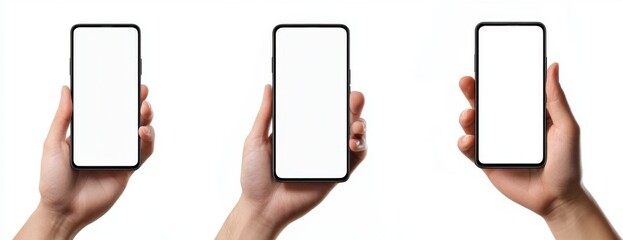 Three Hands Holding Mobile Phones with Blank Screens Against White Background, Captured from Multiple Angles in High-Resolution Hyper-Realistic Style