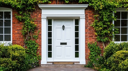 Charming Brick Home with Lush Foliage Surrounding the Entrance