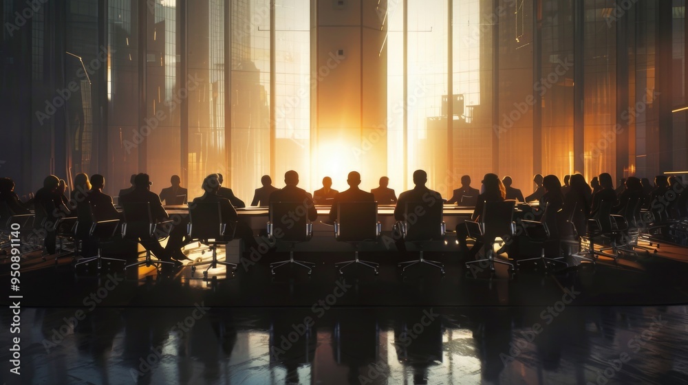 Poster a group of people sitting around a conference table discussing something