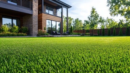 A close-up view of lush green artificial turf in front of a modern home with a wooden deck.