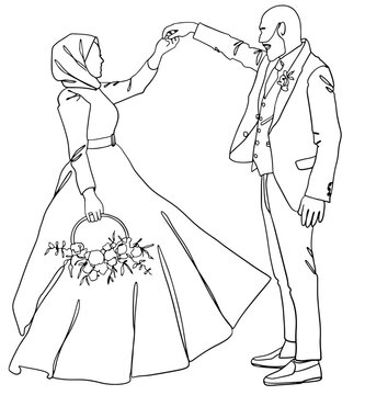 Muslim wedding couple vector outline. Continuous line illustration of the Bride with flowers and hijab in wedding dress and bald groom in suit. Design for wedding invitations, greeting cards, web.