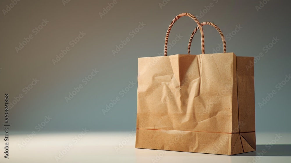 Poster a simple brown paper bag sitting on a table, could be used as a prop in various scenes or settings