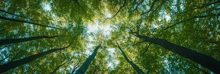Looking Up at Tall Trees with Green Leaves in a Forest, Capturing the Awe-Inspiring Beauty of Nature's Canopy