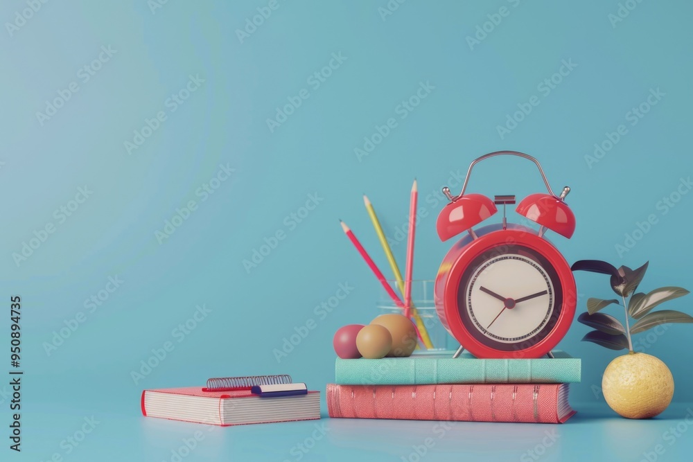 Poster a red alarm clock sits atop a stack of books, ready to sound the alert