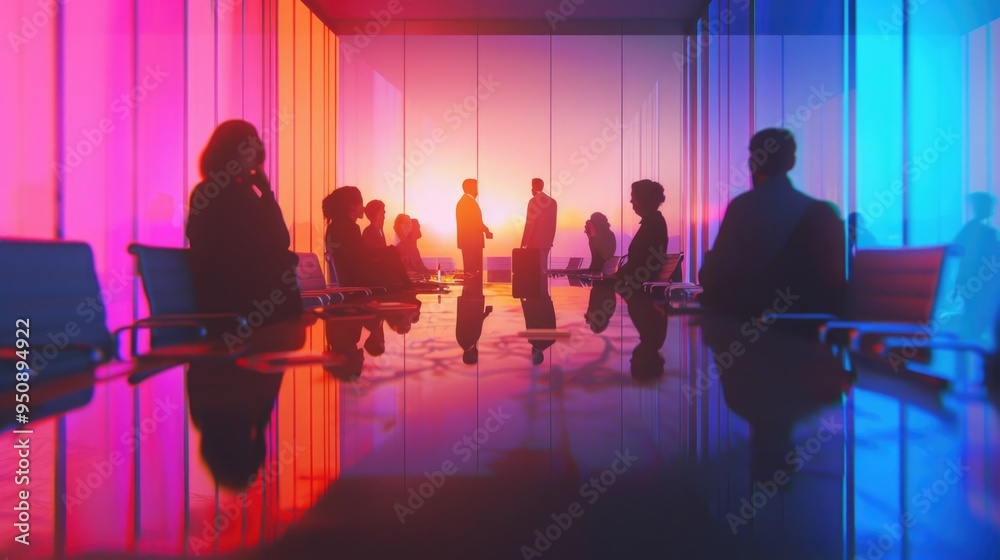 Poster a group of people gathered around a conference table, discussing and collaborating