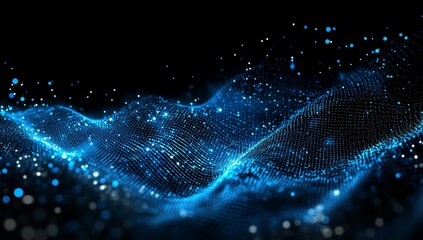 Abstract Blue Digital Background Featuring Glowing Dots and Waves on a Black Space, Representing an AI Technology Concept