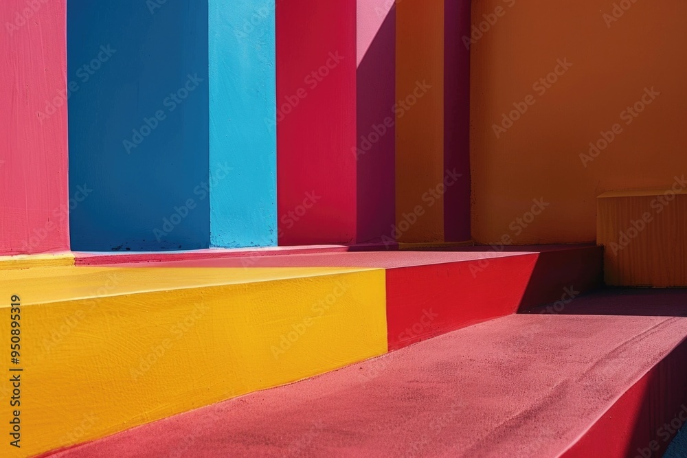 Poster a colorful building with a red, yellow, and blue facade, perfect for use in designs related to creat