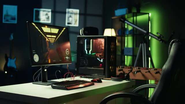 Professional gaming empty room studio with neon lights and RGB lit computer next to headphones and VR headset. Dolly in shot of FPS videogame on pc display and virtual reality goggles in apartment