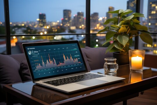 Wealthy crypto: a stock chart laptop in a luxury flat in a resort town, concept of crypto earnings, highlighting fusion of digital wealth accumulation and upscale lifestyle idyllic resort settings.