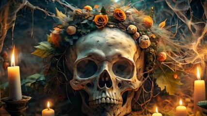 Old skull with a floral crown surrounded by lit candles and flowers in eerie cobwebs and autumn leaves. Spooky Halloween atmosphere. Samhain celebration