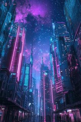 Obraz premium Futuristic Cyberpunk City Skyline under Neon Lights and Starry Night Sky