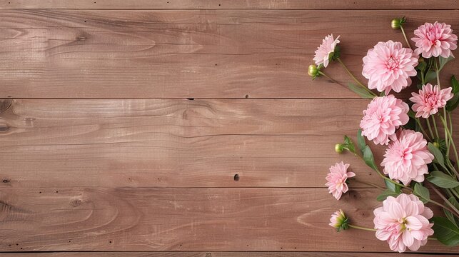 Rustic wood background with pink carnations, ideal for floral banners, wedding invitations, and nature-themed marketing materials. Ample copy space for text, perfect for social media headers and event