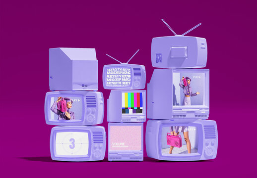 Stacked Retro TV Wall Mockup 
