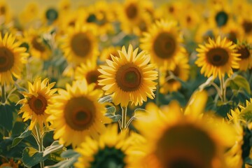 Naklejka premium A field of bright yellow sunflowers with lush green leaves, perfect for summer and countryside themes