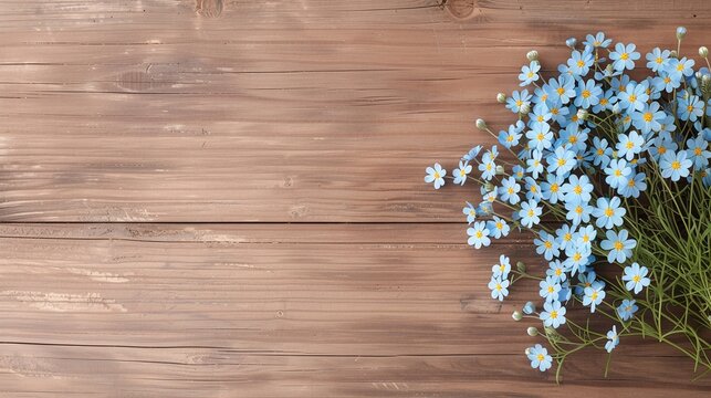 Rustic wood background with delicate blue forget-me-nots, ideal for nature-themed banners, floral marketing materials, and event designs. Ample copy space for text, perfect for social media headers an