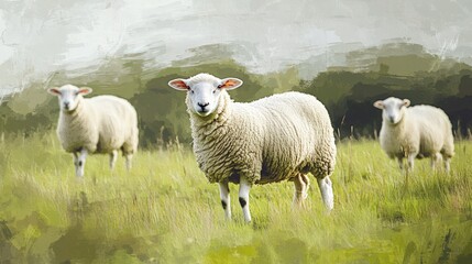 Fototapeta premium A group of white sheep standing in a grassy field with a blurred background.