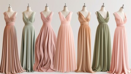 6 dress styles, a floor-length gown with a pleated skirt and a V-neck neckline in pastel pink
