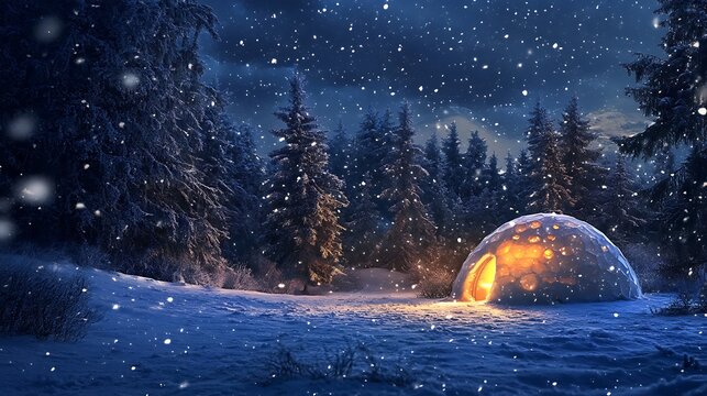 A cozy, glowing igloo nestled amidst a snow-covered forest under a starry night sky, with falling snowflakes. - Powered by Adobe
