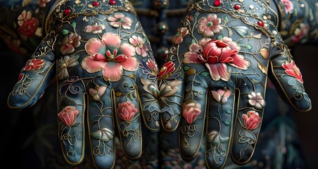 a close-up of a pair of gloves with intricate designs on them. The gloves appear to be made of leather or a similar material and are decorated with a variety of colorful flowers and leaves