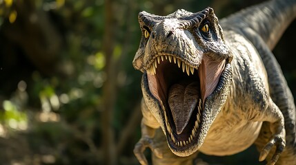 A close-up view of a Tyrannosaurus Rex dinosaur roaring with its mouth open, showing its teeth and tongue.