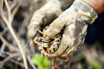Gloved hands holding a snake during pest control.