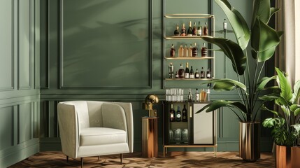 Modern Elegance: Chic Living Room with Sleek Armchair and Gold Liquor Cabinet