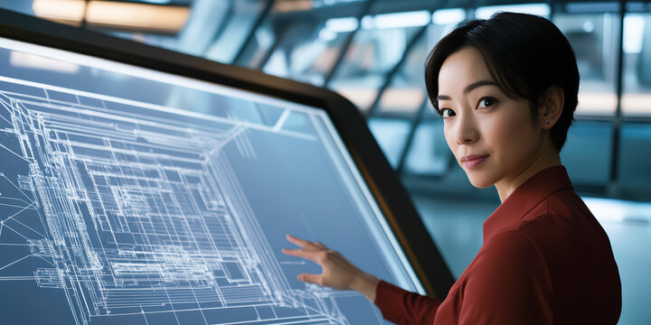 Asian female engineer working with interactive digital blueprint.
